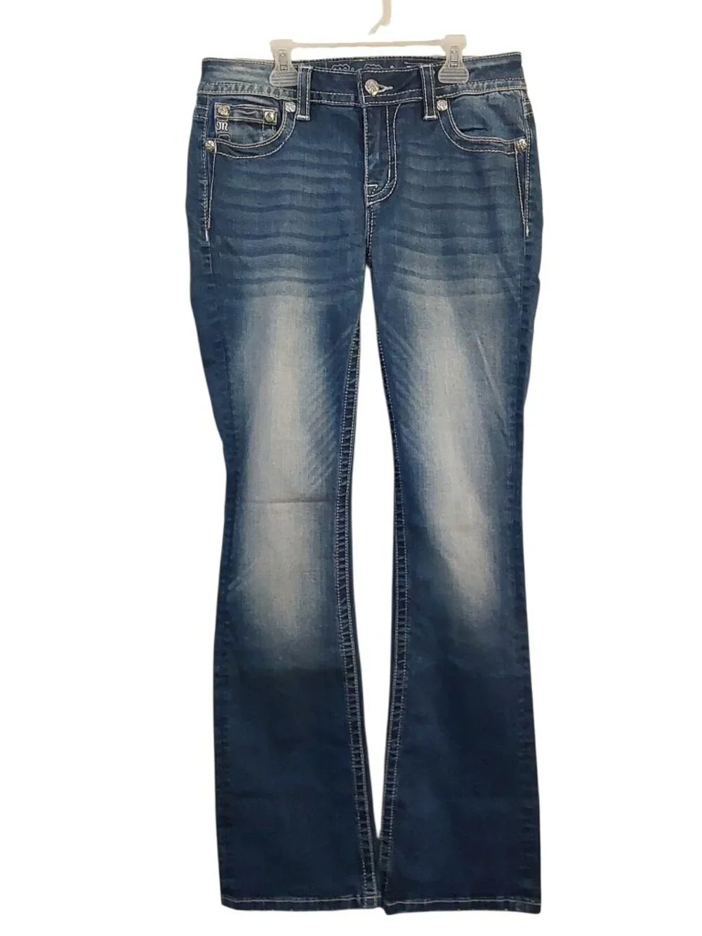Miss Me Chloe Low-Rise Bootcut Jeans EUC 29x34 Embellished Med Wash Distressed
